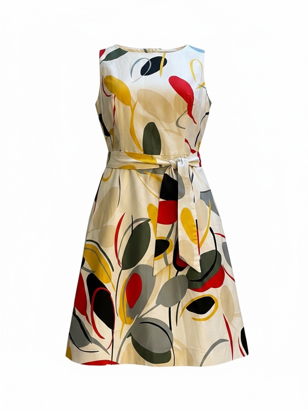 Stunning Anne Klein Cream Midi Dress with Multicolor Abstract Leaf Print